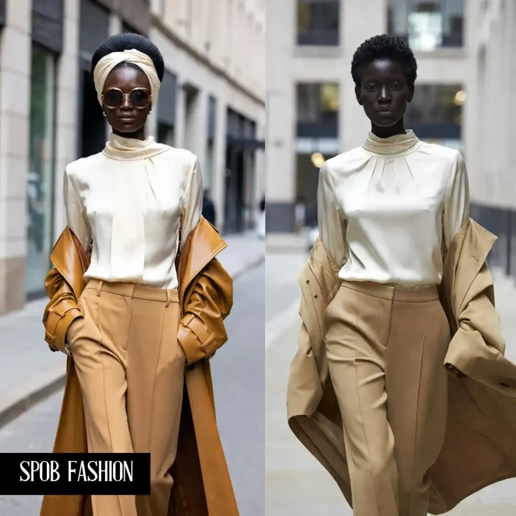 A high-fashion shot of a Black woman walking down a clean, architectural city street. She is wearing a monochromatic outfit: a cream silk high-neck blouse and tailored camel-colored wide-leg trousers. She has a tan leather trench coat draped over her shoulders. The lighting is crisp and natural. 8k resolution.