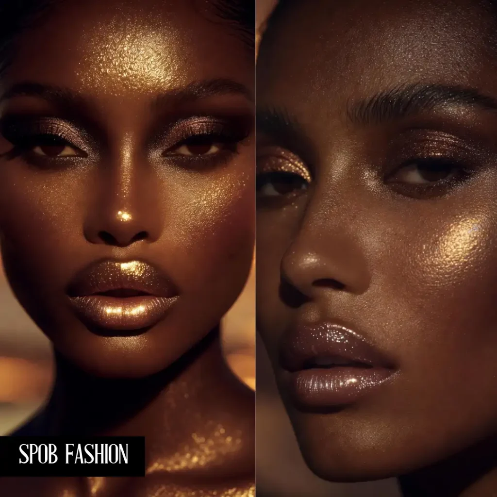 A close-up of a stunning Black woman with deep espresso skin. Her makeup is 'Golden Hour' glamour: shimmering bronze eyeshadow, glowing skin with gold highlights on the cheekbones, and a high-shine clear lip gloss. Her skin looks wet and radiant. 8k resolution, soft sunset lighting.