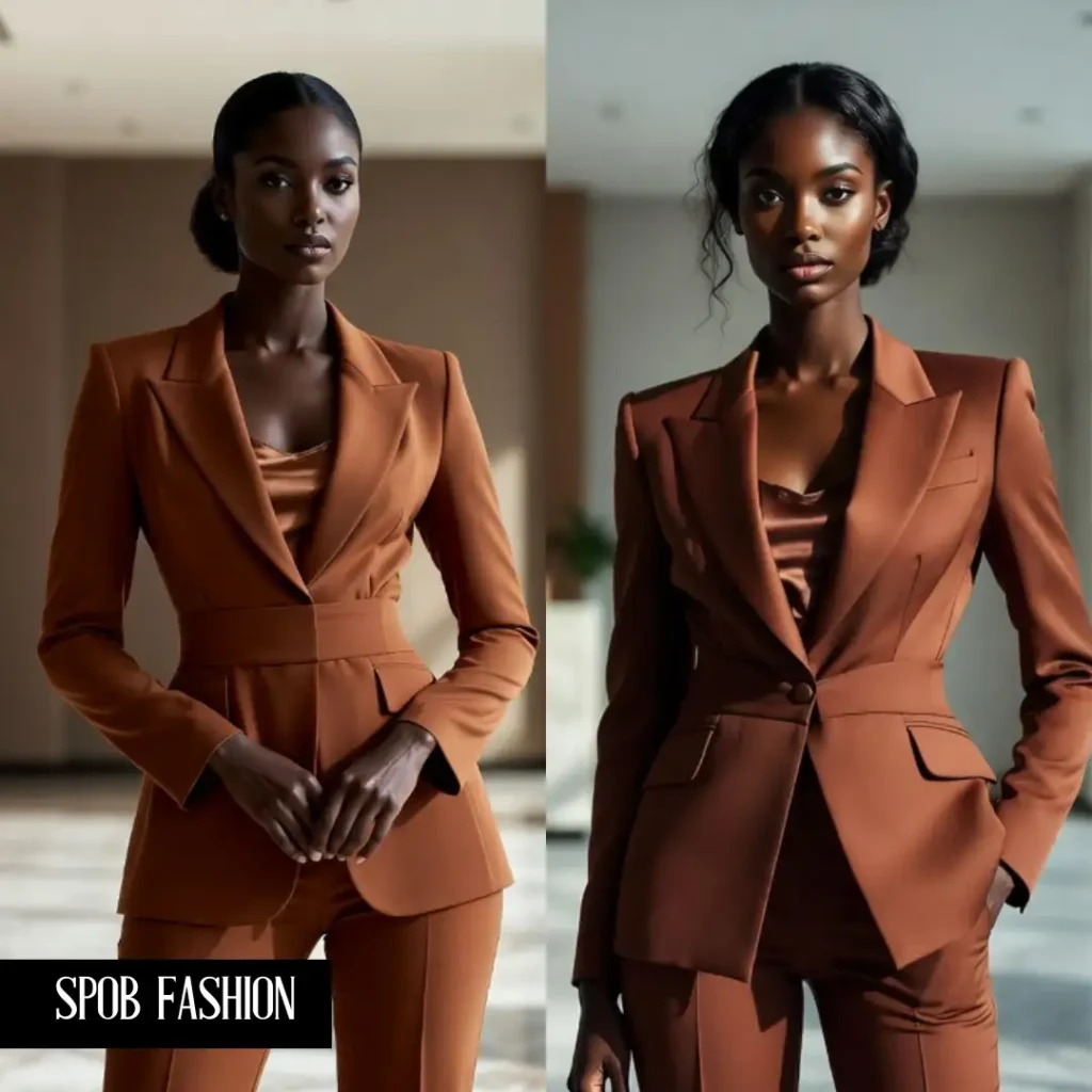 High-fashion editorial shot of a Black woman in a structured, chocolate-brown power suit.