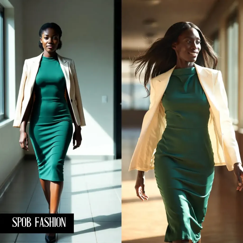 A professional Black woman wearing an elegant forest-green midi dress with a high neckline. She has a cream-colored blazer draped over her shoulders. She is walking confidently through a sunlit corridor. The image captures movement and professional grace.