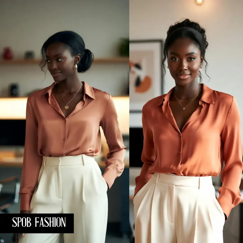 A stylish Black woman in a creative office setting. She is wearing high-waisted, wide-leg cream trousers and a tucked-in silk blouse in a soft terracotta shade. She has minimalist gold jewelry and a neat, chic hairstyle. Soft, warm lighting.