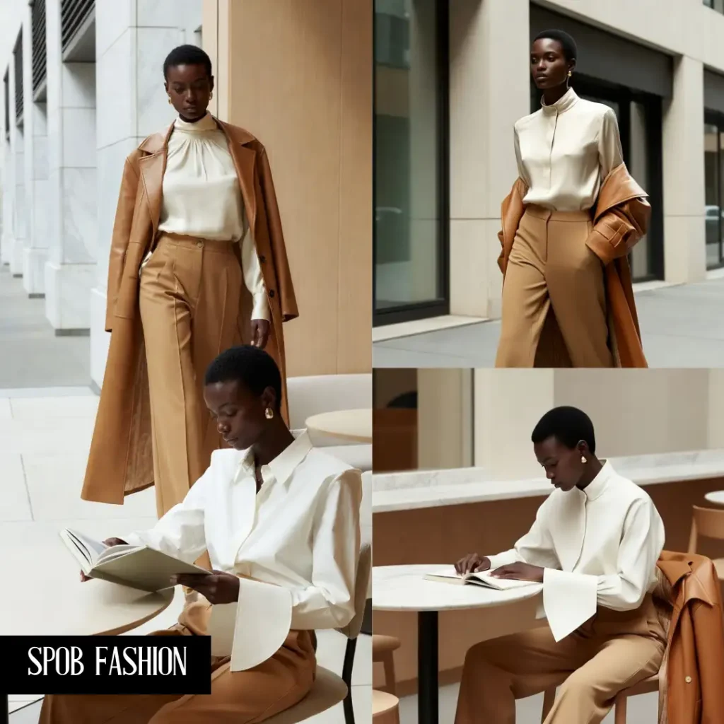 A Black woman with a sleek, short-cropped hairstyle sitting in a minimalist cafe. She is wearing a structured, oversized white shirt with dramatic cuffs. She is wearing simple gold stud earrings and looking at a book. The background is white marble and light wood.