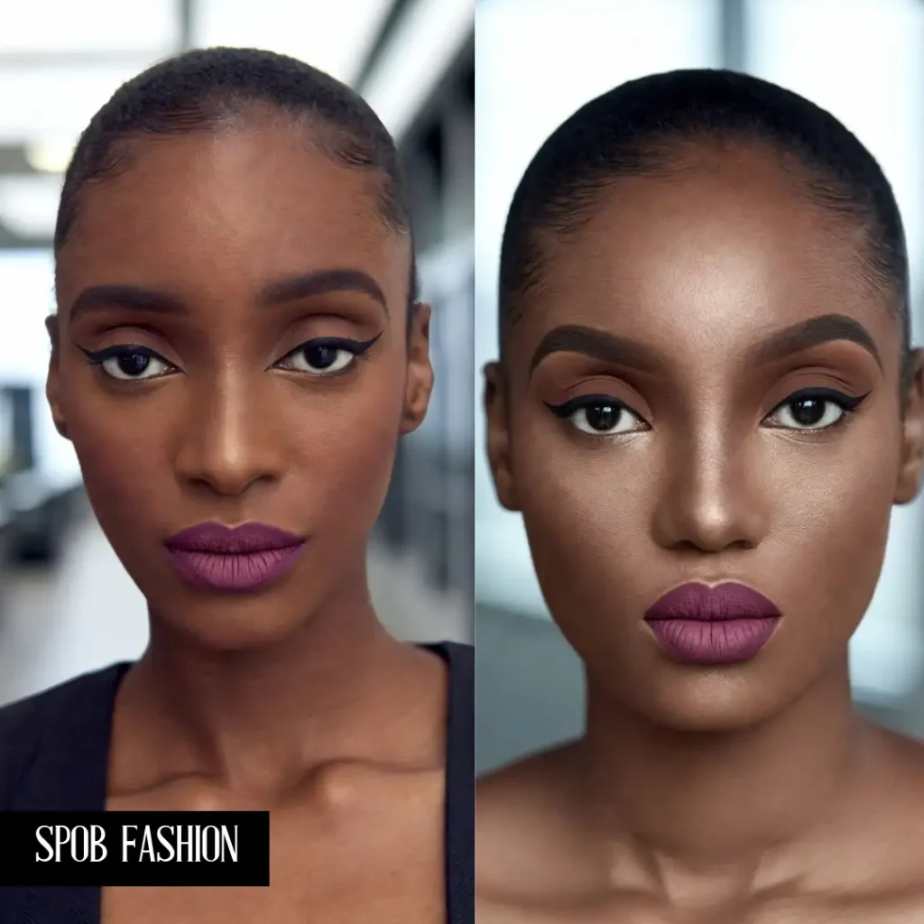 A professional Black woman in a corporate setting. Her makeup is a sophisticated matte look: a clean winged eyeliner, soft brown transition shades on the lids, and a muted mauve matte lipstick. Her hair is in a sleek bun. The lighting is clean and bright.