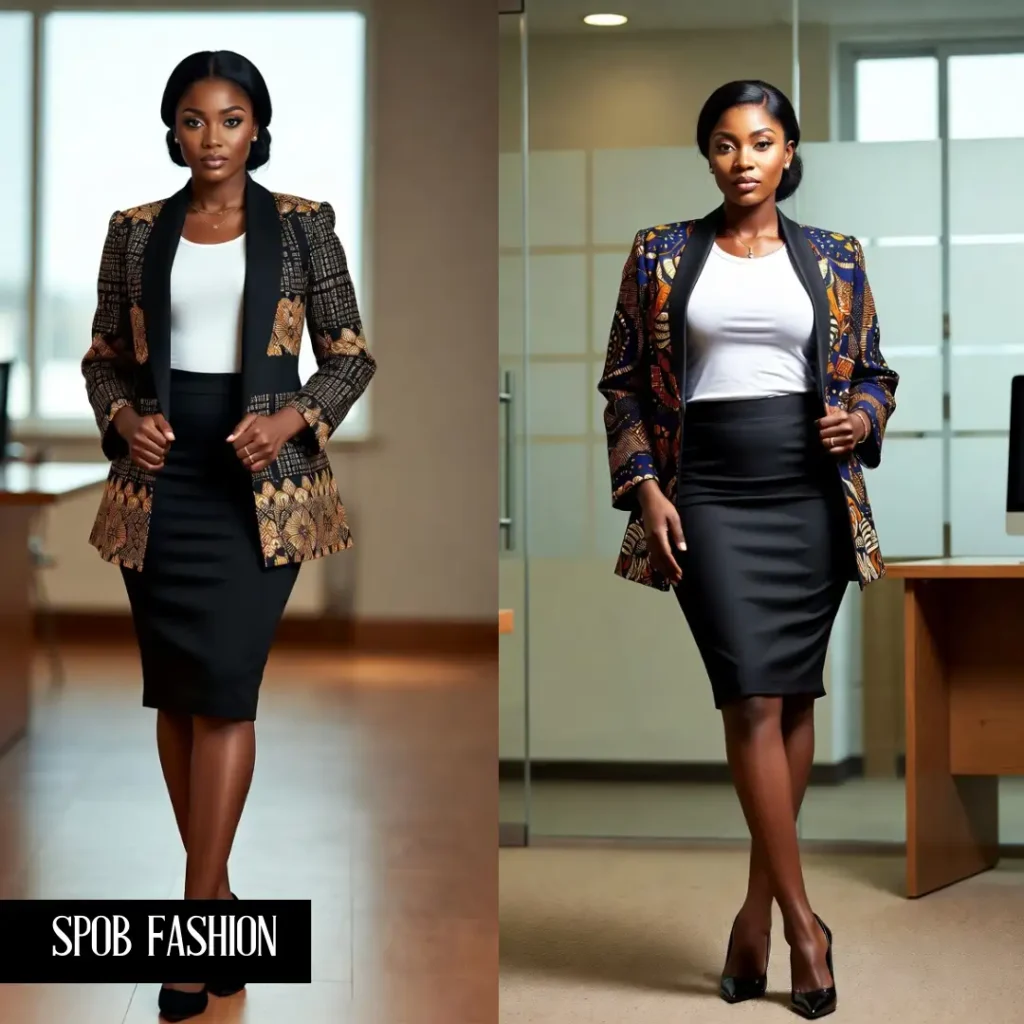 Black woman in a white t-shirt, a sleek pencil skirt, and a well-tailored Aso Oke blazer