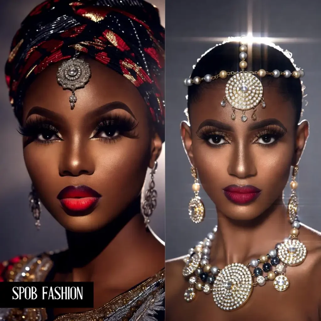 A Black woman in regal traditional attire. Her makeup is centered around a stunning ruby-red ombré lip. Her eyes are kept simple with long, fluttery lashes and a touch of gold shimmer in the inner corners. She looks like a modern queen.