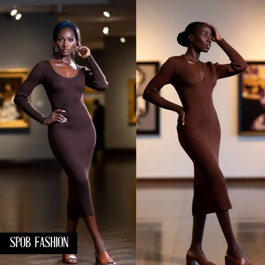 A beautiful Black woman standing in an art gallery. She is wearing a form-fitting, ribbed knit midi dress in a rich espresso brown. She is wearing matching brown leather mules. Her skin is glowing under the gallery lights. The aesthetic is serene and sophisticated.