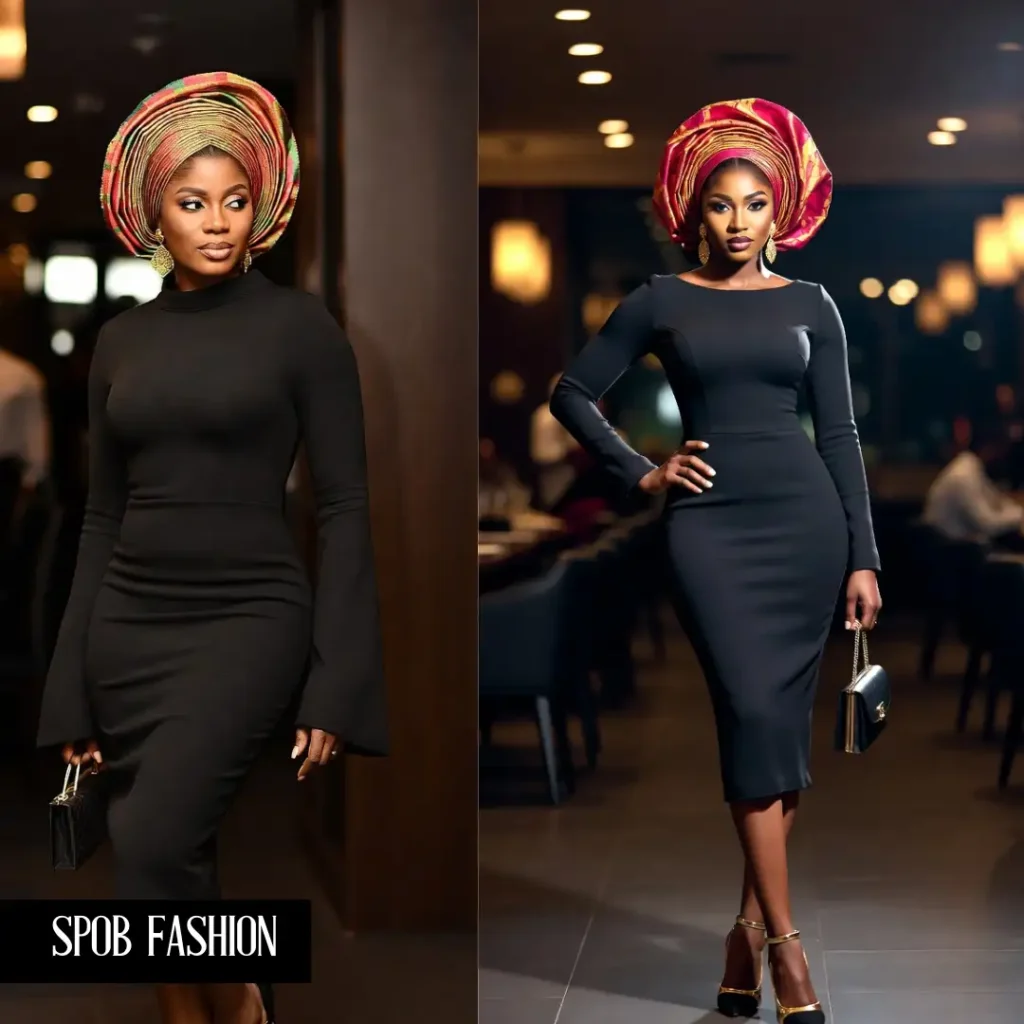 A Black woman in a little black dress, layered with a stylish, warm cardigan that features subtle African print detailing. She's wearing elegant ankle boots. Cozy indoor setting, perhaps by a fireplace or in a chic bookstore.