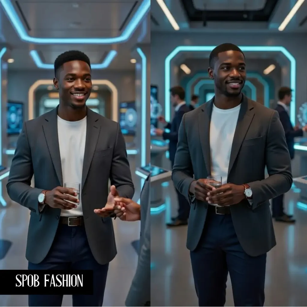 A handsome Black man in a modern tech lounge. He is wearing a charcoal-grey unconstructed blazer over a crisp, thick white premium cotton t-shirt. He has well-fitted navy chinos and a minimalist leather watch. He is holding a glass of water and talking to a colleague. Soft, professional lighting.