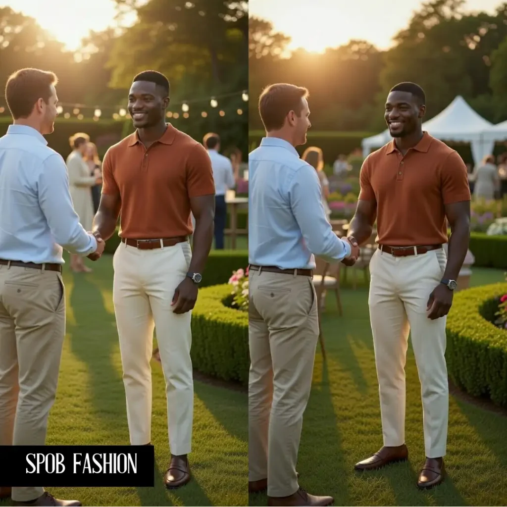 A Black man at an afternoon networking garden party. He is wearing a terracotta-colored knit polo shirt tucked into cream-colored tailored trousers. He has a brown leather belt and matching loafers. He is smiling and shaking hands with another professional. Golden hour lighting.