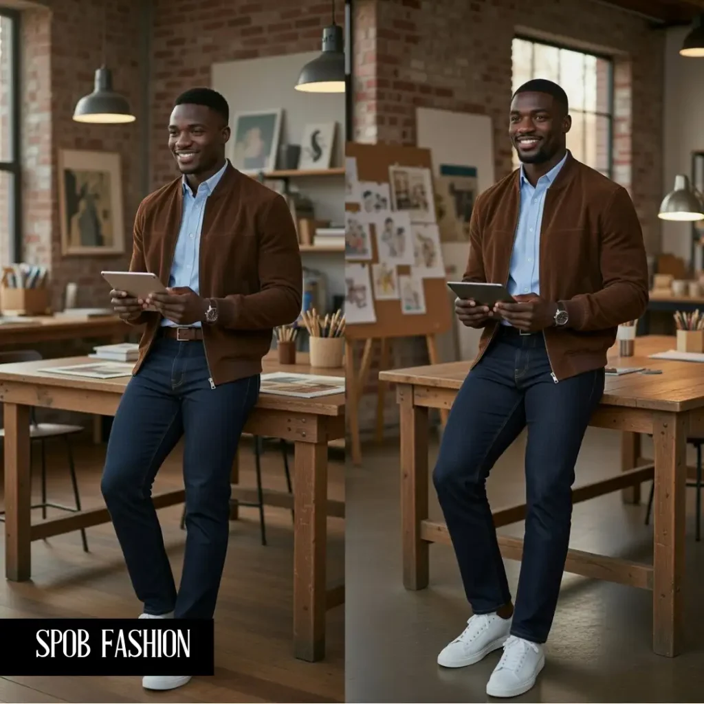 A trendy Black man in a creative studio setting. He is wearing a chocolate-brown suede bomber jacket over a light-blue button-down shirt. He has dark-wash jeans and a pair of clean, minimalist sneakers. He is holding a tablet and leaning against a wooden table.