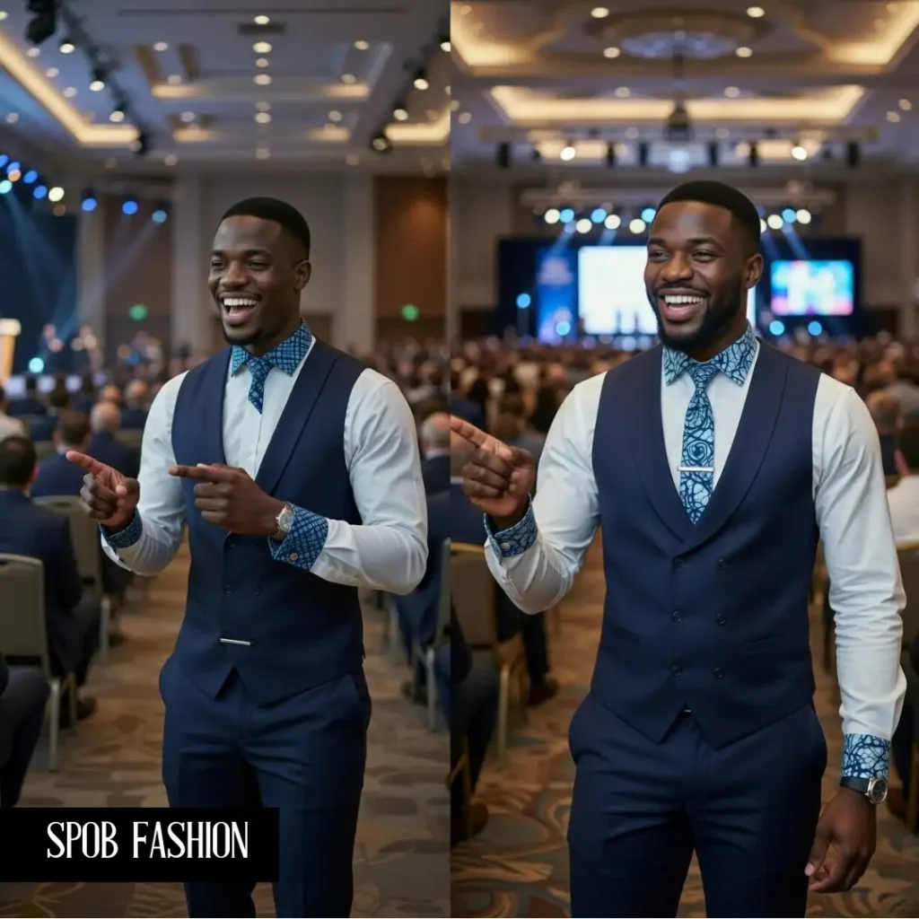 A Black man at a bustling conference hall. He is wearing a white shirt with a subtle blue Adire print on the collar and cuffs, topped with a navy blue waistcoat. He has navy trousers and a silver tie bar. He is laughing and pointing toward a stage.