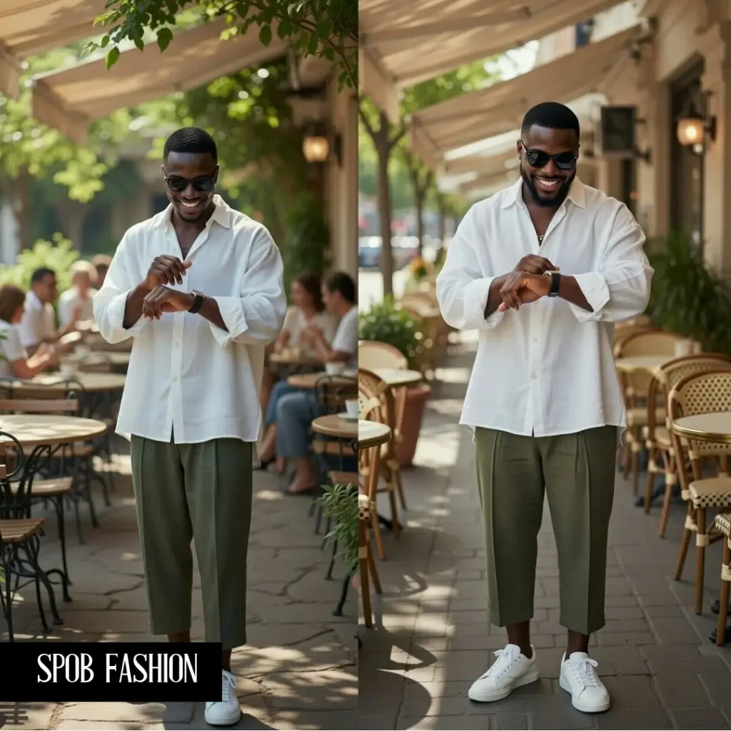 A stylish Black man in a relaxed outdoor cafe. He is wearing an oversized white linen shirt and cropped olive green pleated trousers. He is wearing white minimalist sneakers and sunglasses. He is looking at his watch. Natural, airy lighting.