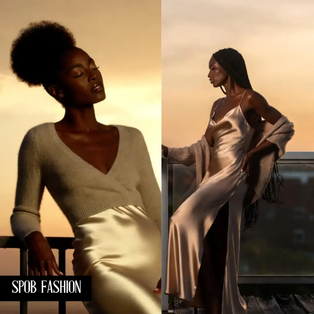 A Black woman leaning against a balcony railing at sunset. She is wearing a champagne-colored silk slip skirt and a soft oatmeal cashmere sweater. She looks relaxed and at peace. The golden hour light reflects beautifully off the silk.