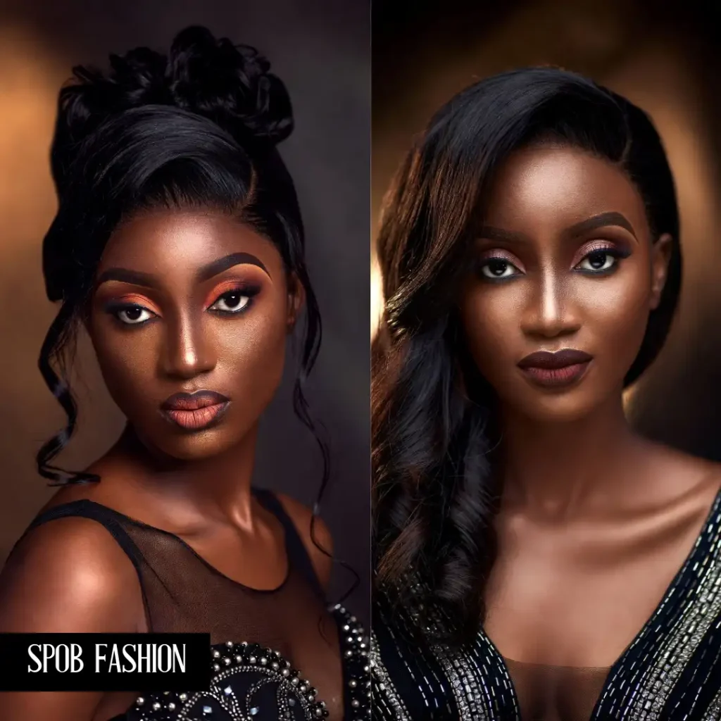 A Black woman in an evening gown. Her makeup is a warm espresso smoky eye with a hint of shimmer on the center of the lid. She has a deep brown contoured lip and thick, manicured eyebrows. The lighting is moody and sophisticated.
