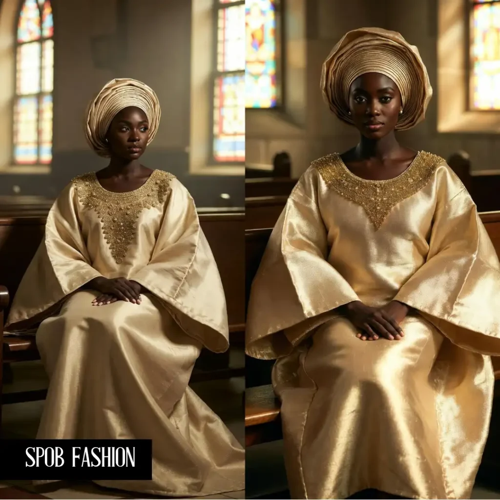 A sophisticated Black woman sitting in a church pew. She is wearing a voluminous champagne silk Bubu gown with shimmering gold beadwork around the neck. She has a matching silk headwrap. The lighting is soft and filtered through stained glass windows.