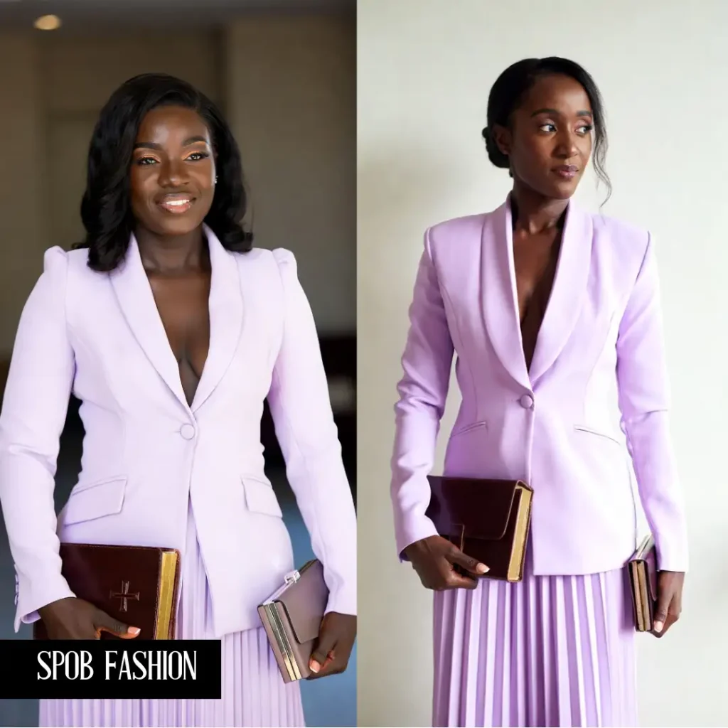 A professional Black woman wearing a pastel lilac skirt suit. The blazer is perfectly fitted, and the skirt is a soft pleated midi. She is holding a leather-bound Bible and a small clutch. She looks polished and respectful.
