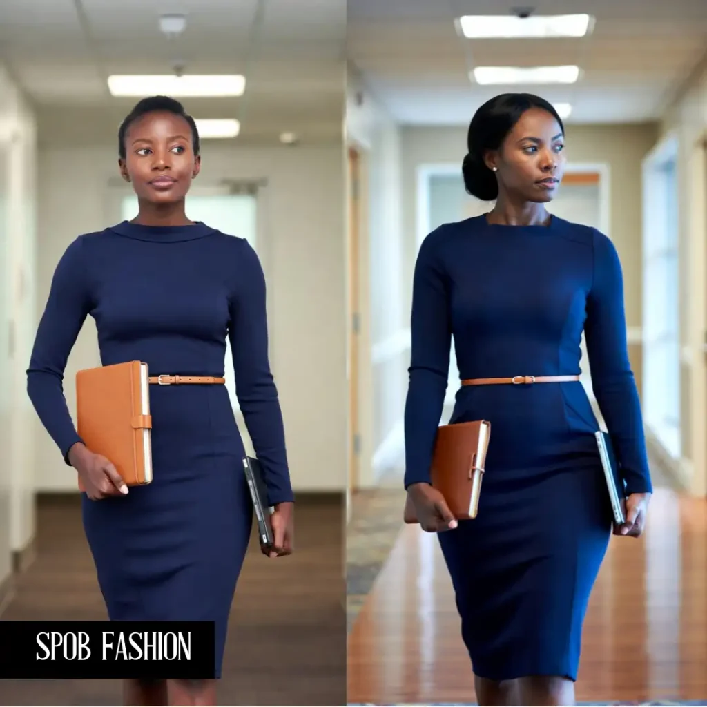 A professional Black woman in a corporate hallway. She is wearing a navy blue midi-length sheath dress with a high neckline and a slim tan leather belt. She is carrying a leather-bound notebook and a tablet. The lighting is bright and professional.