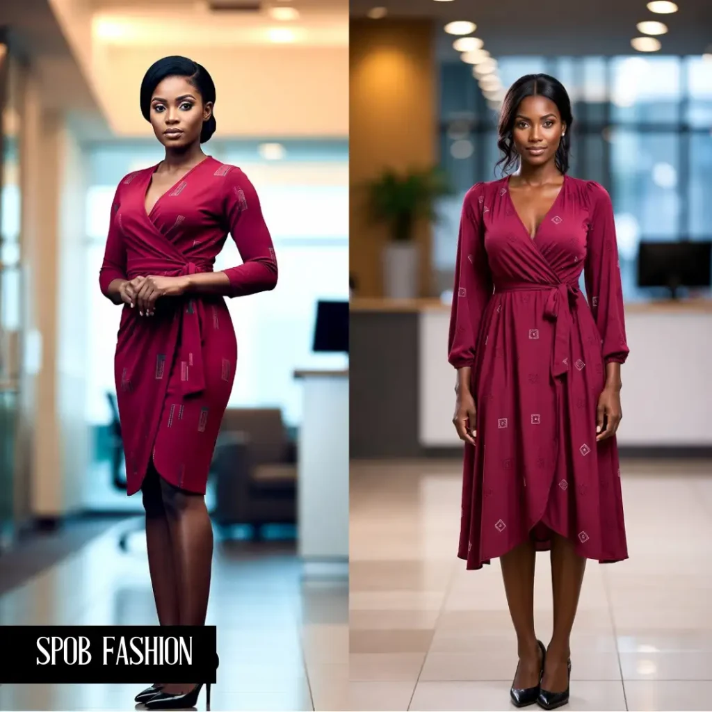 A beautiful Black woman in a professional setting wearing a burgundy wrap dress with subtle geometric prints. She is wearing classic pumps and looking directly at the camera with a poised expression. The background is a blurred office lobby.