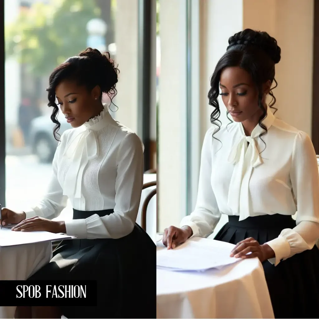 A sophisticated Black woman sitting at a cafe table for a business lunch. She is wearing a white Victorian-style blouse with a pussy-bow neck and a black structured A-line skirt. She is looking at documents. Soft, elegant daylight.