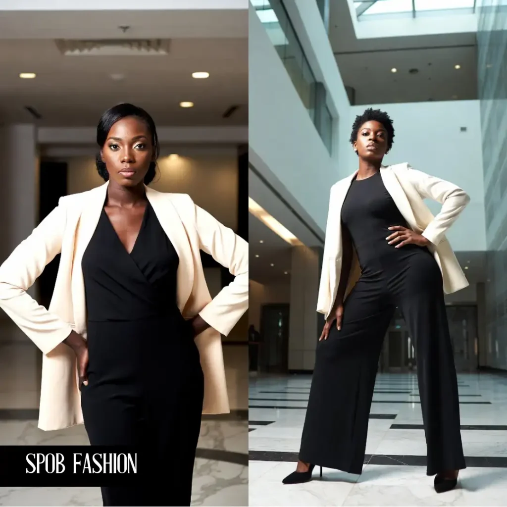 A confident Black woman standing in a corporate lobby. She is wearing a sleek black jumpsuit with an ivory blazer draped over her shoulders. She looks powerful and modern. The background features architectural lines and a marble floor.
