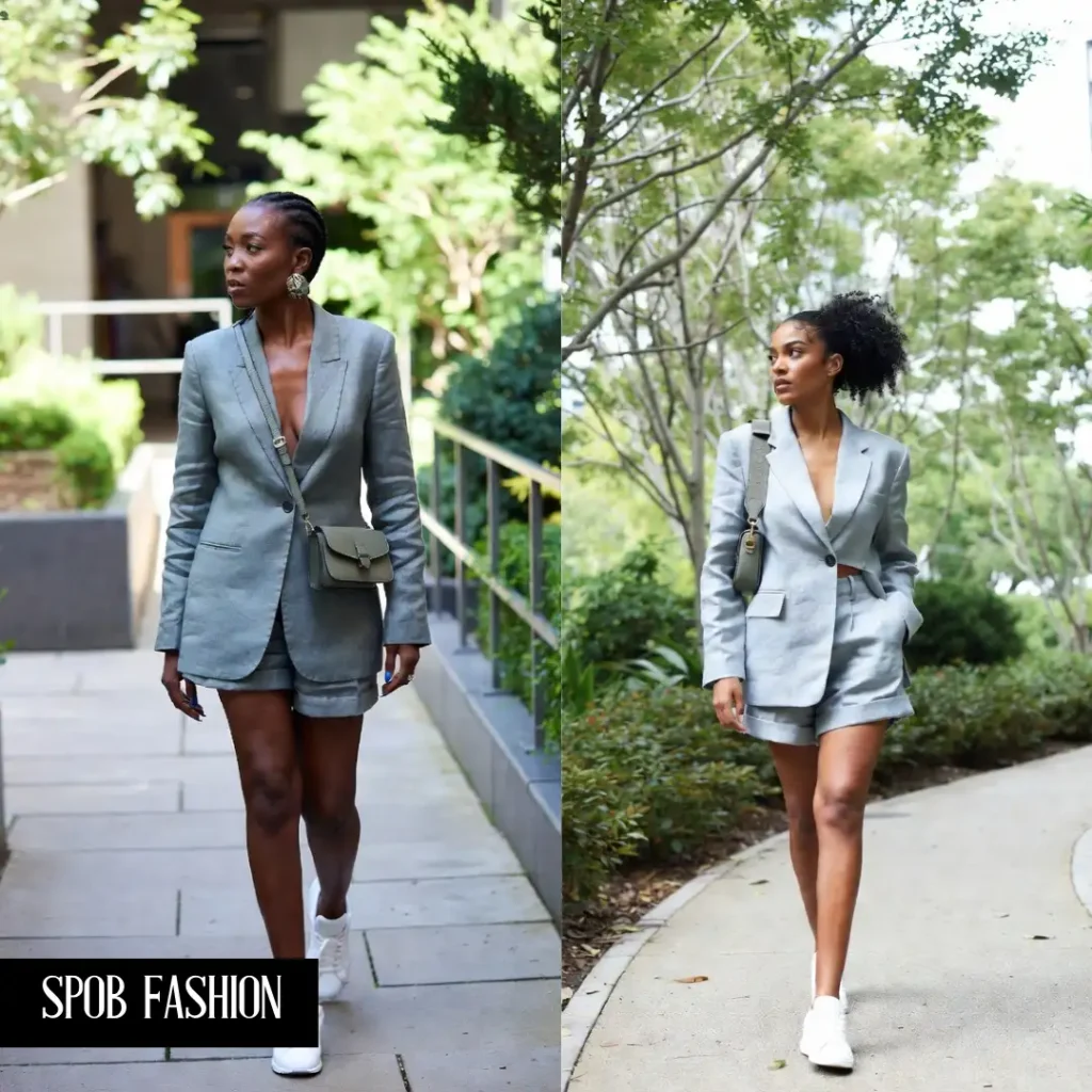 A trendy Black woman walking through an urban garden. She is wearing a tailored linen short suit in a soft slate-grey color. She has white minimalist sneakers on and a small leather crossbody bag. The lighting is bright and airy.