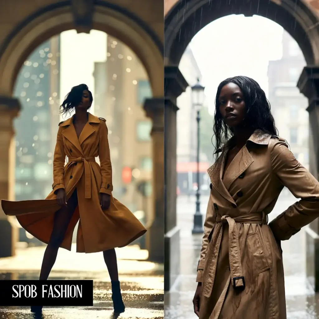 A Black woman standing under a city archway during a light rain. She is wearing a classic, high-end tan trench coat cinched at the waist. She is wearing black ankle boots. The image conveys a sense of timelessness and preparation.