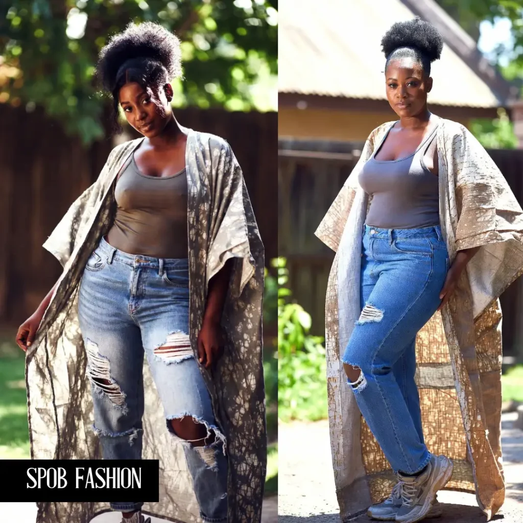A relaxed Black woman in distressed boyfriend jeans, a simple tank top, and a loose, flowing Bubu gown or kimono made