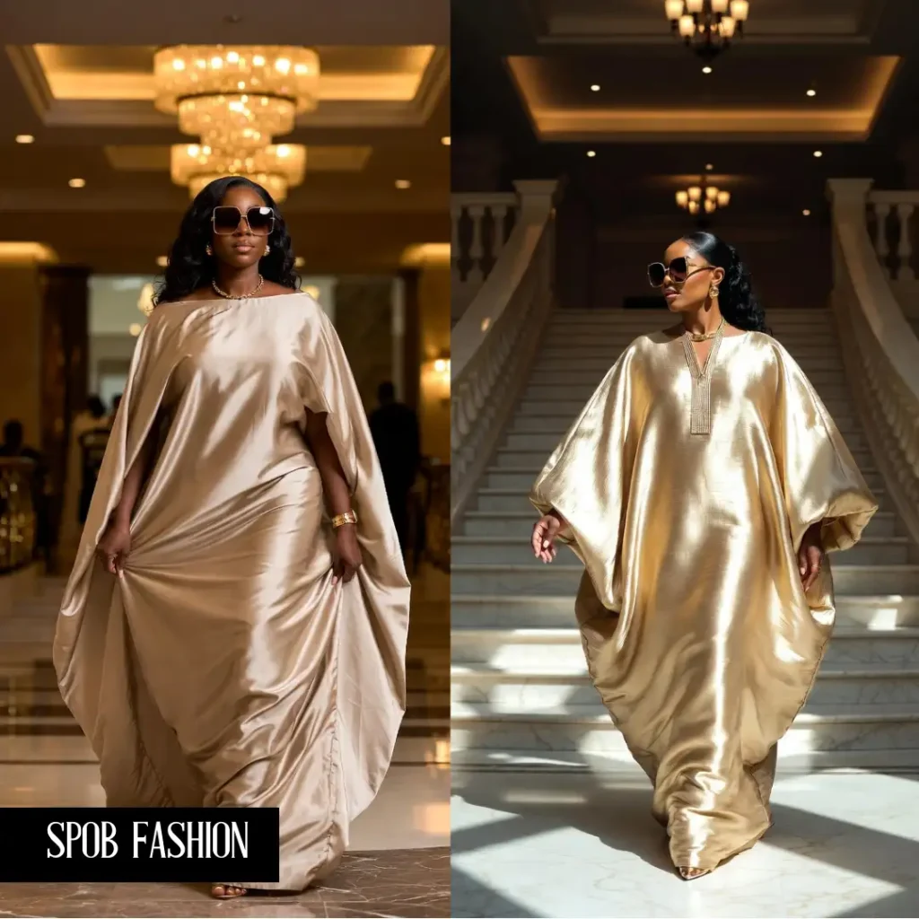 A stunning Black woman in her 40s walking through a luxury hotel lobby. She is wearing a voluminous, floor-length silk Bubu in a deep champagne color. The fabric has a high-end sheen and flows as she walks. She is wearing oversized designer sunglasses and gold jewelry