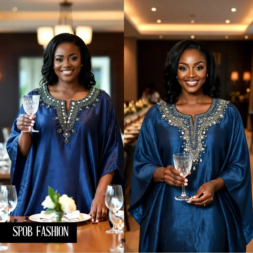 A sophisticated Black woman hosting a dinner party. She is wearing a deep indigo Adire silk Kaftan with shimmering silver and crystal beadwork around the neck. She has a warm smile and is holding a crystal glass. The background is an elegant, modern dining room with warm ambient light.