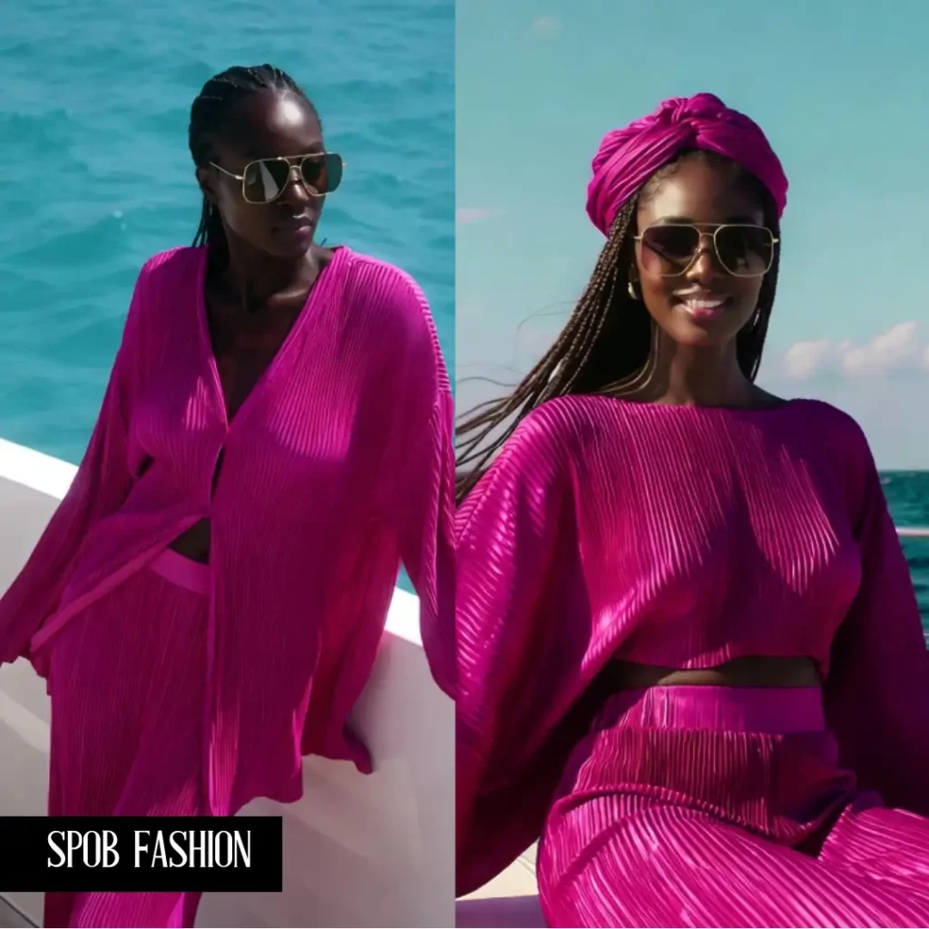 A Black woman on a yacht in the Mediterranean. She is wearing a fuchsia-colored plissé pleated set that flows in the sea breeze. She has her hair in braids and is wearing large gold sunglasses. Turquoise water in the background.