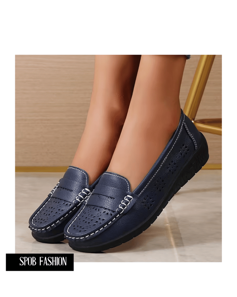 navy blue laser-cut leather moccasin loafers