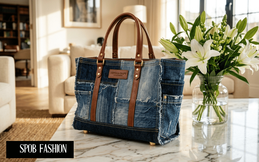 Luxury patchwork upcycled denim tote bag with leather handles resting on a marble table.