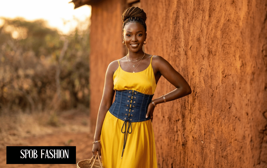 Black African woman wearing an upcycled dark blue denim corset belt over a yellow silk dress.