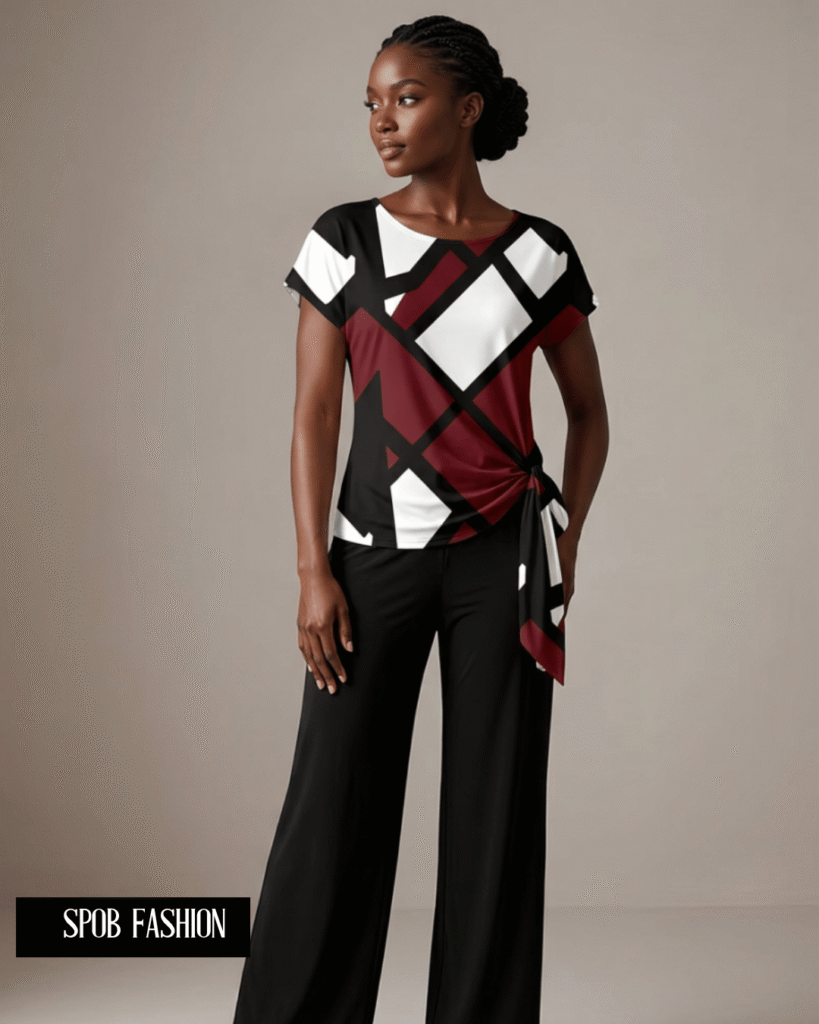 Dark-skinned African model with a braided bun wearing a burgundy and black geometric colorblocked two-piece set.