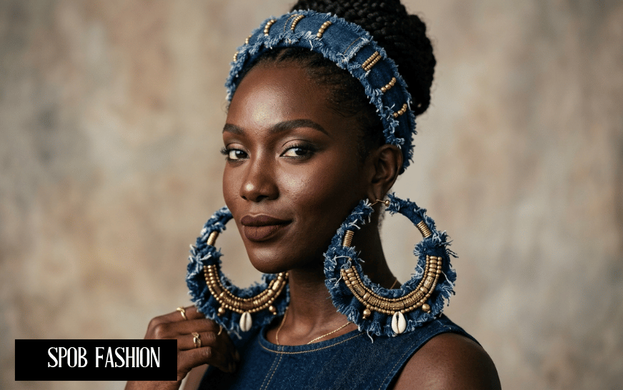 Dark-skinned African model wearing large upcycled denim hoop earrings and a matching headband.