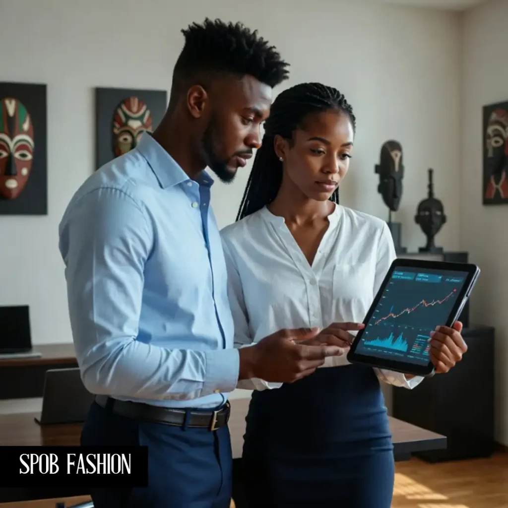a young Black couple looking at a digital tablet displaying a growing investment portfolio. They are in a stylish, high-end office space with African art on the walls.