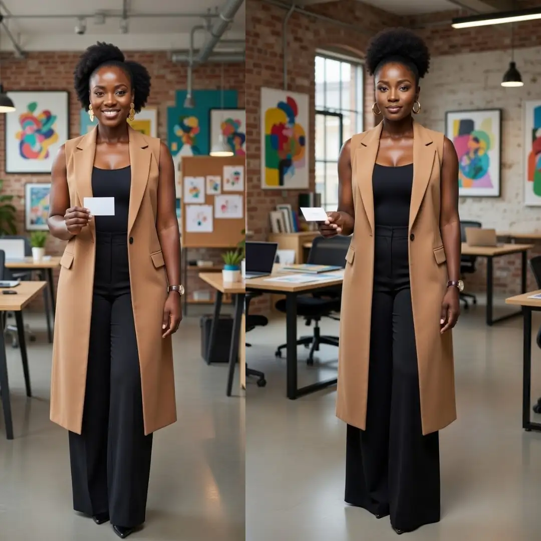 A stylish Black woman in a creative office environment. She is wearing a longline tan sleeveless vest over a black bodysuit, paired with high-waisted black wide-leg trousers. She has her hair in a neat afro puff and is wearing bold gold earrings. The setting is modern and artistic.
