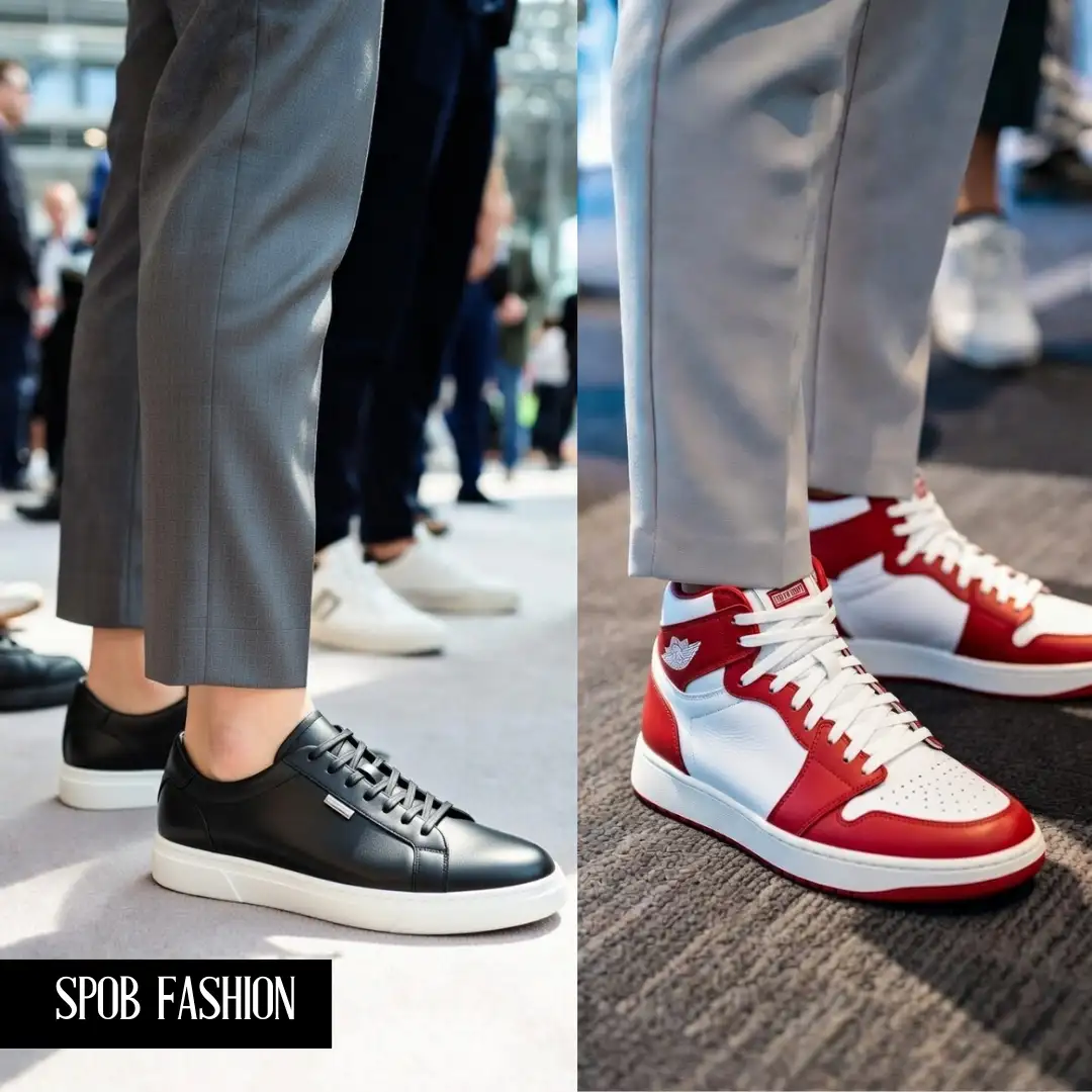Close-up shot of a woman's feet at a tech event. She is wearing pristine, high-end white minimalist sneakers paired with tailored grey trousers. In the background, other attendees are visible in similar smart-casual footwear on a modern carpeted floor.