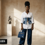 Dark-skinned African woman in an upcycled denim corset and crisp white shirt holding a luxury denim tote bag.
