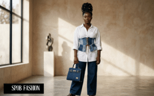 Dark-skinned African woman in an upcycled denim corset and crisp white shirt holding a luxury denim tote bag.